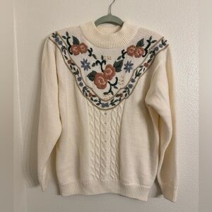 Vintage Alfred Dunner Floral Embroidered Cable Knit Sweater Large